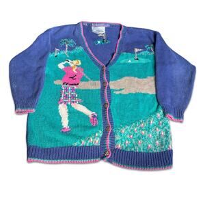Vintage Portraits Northern Isles Golf Cardigan Hand Knit Golfer Novelty Plus 3X